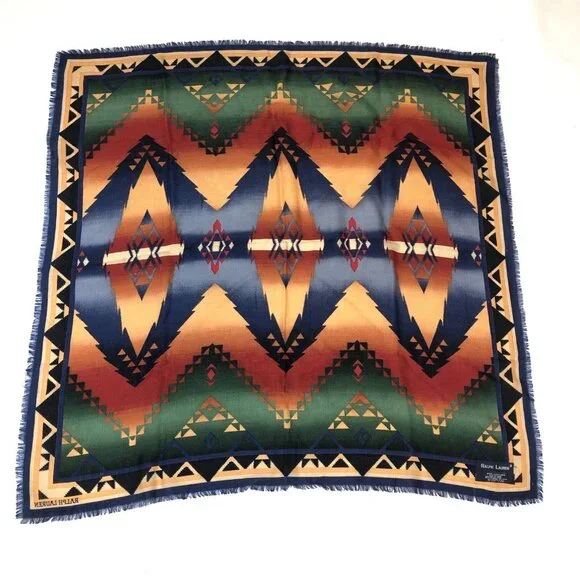 Vintage Ralph Lauren Wool Aztec Southwest Native Print Square Scarf Japan - Picture 9 of 13